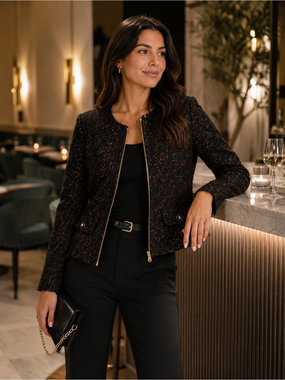 Dana Buchman Black Gold Metallic Tweed Zip Front Jacket Women Medium‎ Chic